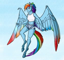 Size: 1600x1510 | Tagged: safe, artist:akweer, imported from derpibooru, rainbow dash, anthro, pegasus, unguligrade anthro, alternate hairstyle, clothes, female, flying, mare, ponytail, shorts, smiling, solo, tanktop