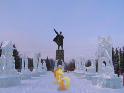 Size: 2048x1536 | Tagged: safe, artist:albertuha, imported from derpibooru, applejack, earth pony, pony, female, frown, ice, ice sculpture, irl, lenin, mare, photo, ponies in real life, raised hoof, russia, snow, solo, winter