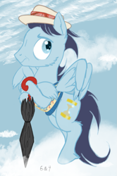 Size: 633x956 | Tagged: safe, artist:sixes&sevens, imported from derpibooru, doctor whooves, time turner, pegasus, pony, cloud, crossed hooves, doctor who, hat, not soarin, ponified, seventh doctor, solo, the doctor, umbrella