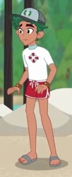 Size: 208x512 | Tagged: safe, imported from derpibooru, screencap, timber spruce, equestria girls, equestria girls series, turf war, cap, clothes, cropped, feet, hat, legs, lifeguard, lifeguard timber, male, sandals, shorts, solo