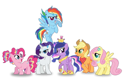 Size: 1971x1224 | Tagged: safe, artist:rainbow15s, imported from derpibooru, applejack, fluttershy, pinkie pie, rainbow dash, rarity, twilight sparkle, alicorn, pony, alternate hairstyle, crown, ethereal mane, flower, flower in hair, hair bun, jewelry, mane six, neckerchief, necklace, pearl necklace, ponytail, princess shoes, rainbow power, regalia, simple background, starry mane, transparent background, twilight sparkle (alicorn)