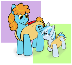 Size: 691x625 | Tagged: safe, artist::snowfrost, artist:auntiefrost, imported from derpibooru, oc, oc only, oc:scherzando, oc:snow frost, earth pony, pegasus, pony, clothes, costume, earth pony oc, food, hot dog bun, ketchup, mustard, pegasus oc, sauce