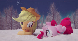 Size: 4096x2160 | Tagged: safe, artist:dashyoshi, imported from derpibooru, applejack, pinkie pie, pony, 3d, night, snow, tree