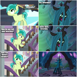 Size: 1000x1000 | Tagged: safe, edit, edited screencap, imported from derpibooru, screencap, queen chrysalis, sandbar, changeling, changeling queen, earth pony, pony, the mean 6, to where and back again, what lies beneath, angry, boy, boyfriend, cave, comic, dark, darkness, dirty dancing, female, girlfriend, glare, grin, horn, lidded eyes, love, love is strange, loverboy, male, man, moon, night, open mouth, school, schoolboy, screencap comic, smiling, smirk, stairs, teenager, unamused, underhoof, walking, wat, watch, wristwatch