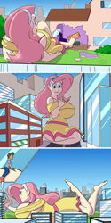 Size: 1000x2000 | Tagged: safe, artist:goat train, imported from derpibooru, fluttershy, human, barefoot, big breasts, breasts, building, busty fluttershy, city, clothes, commission, destruction, feet, female, giantess, growth, house, huge breasts, human male, humanized, macro, male