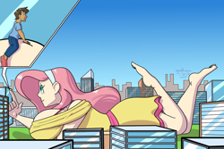 Size: 1000x667 | Tagged: safe, artist:goat train, imported from derpibooru, fluttershy, human, barefoot, big breasts, breasts, busty fluttershy, city, clothes, feet, female, giantess, huge breasts, human male, humanized, macro, male