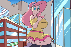 Size: 1000x667 | Tagged: safe, artist:goat train, imported from derpibooru, fluttershy, human, big breasts, breasts, busty fluttershy, city, female, giantess, huge breasts, human male, humanized, macro, male