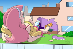 Size: 1000x667 | Tagged: safe, artist:goat train, imported from derpibooru, fluttershy, human, big breasts, breasts, busty fluttershy, clothes, destruction, female, giantess, house, human male, humanized, macro, male