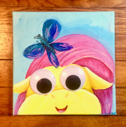 Size: 1024x1029 | Tagged: safe, artist:colorsceempainting, imported from derpibooru, fluttershy, butterfly, pony, female, funny, googly eyes, painting, solo, traditional art