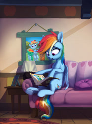 Size: 1600x2134 | Tagged: safe, artist:nadnerbd, imported from derpibooru, rainbow dash, pegasus, pony, fanfic:lost time, book, colt, couch, fanfic, fanfic art, female, filly, implied appledash, implied applejack, implied big macintosh, implied lesbian, implied shipping, lamp, magical lesbian spawn, male, mare, offspring, parent:applejack, parent:rainbow dash, parents:appledash, photo album, pillow, rug, sitting, solo, table, underhoof