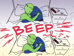Size: 1000x750 | Tagged: safe, artist:nobody, edit, imported from derpibooru, princess luna, oc, oc:anon, alicorn, human, pony, series:anon's alarm clock, alarm clock, bed, clock, cuddling, good end, horn impalement, implied grimdark, laying on bed, lying on bed, sleeping, smiling, snuggling