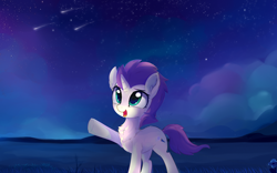 Size: 2300x1432 | Tagged: safe, artist:aureai, imported from derpibooru, oc, oc only, oc:sky spark, pony, unicorn, blue, butt fluff, chest fluff, cloud, cute, ear fluff, female, field, flower, glowing eyes, grass, green eyes, happy, hill, hoof fluff, leg fluff, looking up, mare, neck fluff, night, ocbetes, open mouth, pointing, purple hair, raised hoof, scenery, shooting star, shooting stars, sky, smiling, solo, stargazing, starry sky, stars, underhoof