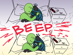 Size: 1000x750 | Tagged: safe, artist:nobody, edit, imported from derpibooru, queen chrysalis, oc, oc:anon, changeling, changeling queen, human, series:anon's alarm clock, alarm clock, bed, clock, cuddling, female, good end, laying on bed, lying on bed, missing horn, sleeping, smiling, snuggling