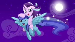 Size: 662x374 | Tagged: safe, artist:jhayarr23, imported from derpibooru, starlight glimmer, oc, oc:sierra nightingale, pegasus, pony, unicorn, canon x oc, cute, duo, flying, glimmerbetes, glimmgale, happy, moon, ocbetes, one eye closed, ponies riding ponies, riding, starlight glimmer riding sierra nightingale, wings, wink