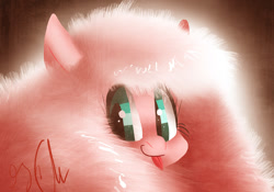 Size: 1280x894 | Tagged: safe, artist:shellielle, deleted from derpibooru, imported from derpibooru, oc, oc only, oc:fluffle puff, pony, :p, abstract background, brown background, bust, cute, female, flufflebetes, fluffy, glow, glowing, looking at you, mare, portrait, signature, silly, solo, tongue out