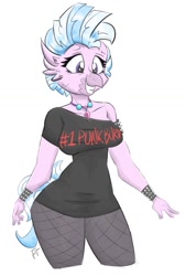 Size: 900x1330 | Tagged: safe, artist:flutterthrash, imported from derpibooru, silverstream, anthro, breasts, clothes, female, off shoulder, punk, shirt, simple background, smiling, solo, white background