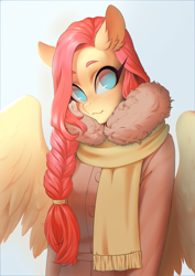 Size: 905x1280 | Tagged: safe, artist:glorious-rarien, imported from derpibooru, fluttershy, anthro, pegasus, alternate hairstyle, braid, clothes, coat, cute, female, mare, scarf, shyabetes, smiling, solo