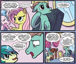 Size: 1040x881 | Tagged: safe, artist:kate sherron, idw, imported from derpibooru, fluttershy, sandbar, silverstream, yona, zephyr breeze, classical hippogriff, earth pony, hippogriff, pegasus, pony, yak, spoiler:comic, spoiler:comic74, comic, female, male, mare, official comic