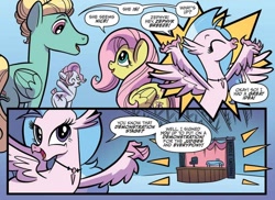 Size: 1010x734 | Tagged: safe, artist:kate sherron, idw, imported from derpibooru, fluttershy, pixie cut (g4), pixie cut (idw), silverstream, zephyr breeze, classical hippogriff, hippogriff, spoiler:comic, spoiler:comic74