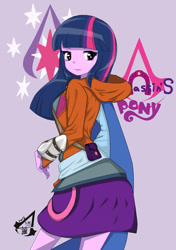 Size: 739x1052 | Tagged: safe, artist:holo, imported from derpibooru, twilight sparkle, human, equestria girls, anime, assassin, assassin's creed, clothes, crossover, cute, female, hoodie, skirt, solo, twiabetes