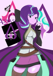 Size: 739x1052 | Tagged: safe, artist:holo, imported from derpibooru, starlight glimmer, equestria girls, assassin, assassin's creed, clothes, crossover, cute, female, glimmerbetes, looking at you, miniskirt, skirt, smiling, socks, solo, thigh highs, zettai ryouiki