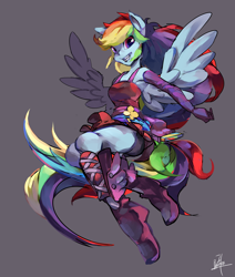 Size: 2800x3300 | Tagged: safe, artist:elex09, imported from derpibooru, rainbow dash, human, equestria girls, rainbow rocks, armpits, beautiful, boots, clothes, dress, eared humanization, female, gloves, gray background, humanized, looking at you, shoes, signature, simple background, skirt, smiling, solo, tailed humanization, upskirt, winged humanization, wings