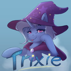 Size: 1800x1800 | Tagged: safe, artist:ardail, imported from derpibooru, trixie, pony, unicorn, clothes, female, hat, looking at you, mare, smiling, solo, tongue out, trixie's hat