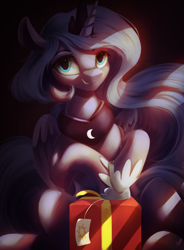 Size: 1443x1964 | Tagged: safe, artist:fluttersheeeee, imported from derpibooru, princess luna, alicorn, pony, black background, crepuscular rays, cute, cutie mark, dark, female, grin, looking at you, lunabetes, mare, present, s1 luna, simple background, sitting, smiling, solo, squee