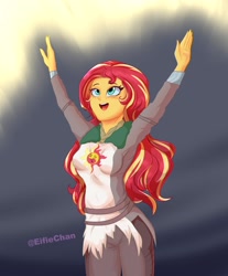 Size: 2900x3500 | Tagged: safe, artist:katakiuchi4u, imported from derpibooru, sunset shimmer, equestria girls, blushing, clothes, crossover, cute, dark souls, faic, female, freckles, open mouth, pants, peppered bacon, praise the sun, shimmerbetes, solaire of astora, solo, when you see it