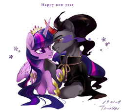 Size: 2362x2164 | Tagged: safe, artist:tingsan, imported from derpibooru, king sombra, twilight sparkle, alicorn, pony, unicorn, clothes, crown, female, happy new year, holiday, jewelry, looking at each other, male, mare, miasma, pictogram, regalia, royalty, shipping, simple background, smiling, sombra eyes, sparkles, stallion, straight, twibra, twilight sparkle (alicorn), white background