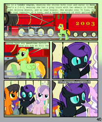 Size: 900x1080 | Tagged: safe, artist:lister-of-smeg, imported from derpibooru, diamond tiara, oc, oc:brass polish, oc:lazybug, oc:nyx, alicorn, earth pony, pegasus, pony, comic:horkosworks, colt, locomotive, male, raised hoof, reference, stallion, train