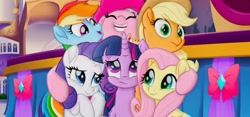 Size: 1280x600 | Tagged: safe, imported from derpibooru, screencap, applejack, fluttershy, pinkie pie, rainbow dash, rarity, twilight sparkle, alicorn, pony, female, group hug, happy, hug, low quality, mane six, twilight sparkle (alicorn)