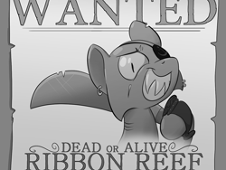 Size: 1201x901 | Tagged: safe, artist:pbnflash, imported from derpibooru, oc, oc only, oc:ribbon reef, original species, pony, shark pony, buck legacy, black and white, card art, cutlass, ear piercing, earring, eye scar, eyepatch, gills, grayscale, jewelry, looking at you, monochrome, paper, piercing, scar, sharp teeth, solo, sword, teeth, wanted poster, weapon