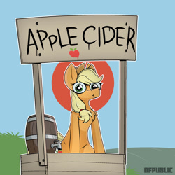 Size: 2000x2000 | Tagged: safe, artist:dfs, artist:difis, artist:dumbf, imported from derpibooru, applejack, earth pony, pony, barrel, chest fluff, cider, cider stand, creepy, dilated pupils, female, looking at you, smiling, solo, special eyes, stare