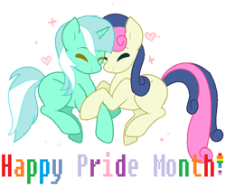 Size: 732x636 | Tagged: safe, artist:kiarasupernova, imported from derpibooru, bon bon, lyra heartstrings, sweetie drops, earth pony, pony, unicorn, female, lesbian, lgbt, lyrabon, mare, pixel art, pride, pride month, shipping, simple background, white background