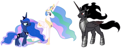 Size: 2089x824 | Tagged: safe, edit, imported from derpibooru, king sombra, princess celestia, princess luna, alicorn, pony, alicornified, alternate universe, armor, celestibra, celumbra, covered cutie mark, crown, cutie mark, diplomacy, ethereal mane, female, hidden cutie mark, hoof shoes, implied celestibra, implied celumbra, implied lumbra, implied polyamory, implied shipping, jewelry, king sombra gets all the mares, long horn, lumbra, majestic, male, mane, mare, mysterious, ot3, peytral, polyamory, race swap, regal, regalia, royalty, serious, serious face, shipping, shipping fuel, sombracorn, stallicorn, stallion, starry mane, stoic, straight, stupid sexy sombra, trio