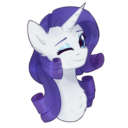 Size: 1600x1600 | Tagged: safe, artist:flysouldragon, artist:sinrinf, imported from derpibooru, rarity, pony, unicorn, bust, chest fluff, clothes, cute, deviantart watermark, female, looking at you, obtrusive watermark, one eye closed, portrait, print, raribetes, shirt, simple background, smiling, solo, t-shirt, transparent background, watermark, wink