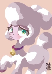 Size: 709x1015 | Tagged: safe, artist:tohupo, imported from derpibooru, pom lamb, lamb, sheep, them's fightin' herds, bell, bell collar, blushing, cloven hooves, collar, community related, cute, digital art, female, looking at you, pom (tfh), raised hoof, simple background, solo, tan background