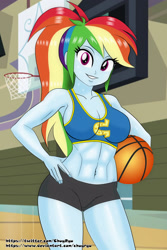 Size: 2000x3000 | Tagged: safe, artist:chuyryu, imported from derpibooru, rainbow dash, equestria girls, abs, alternate hairstyle, basketball, big breasts, blue bra, breasts, busty rainbow dash, canterlot high, cleavage, clothes, fit, gym, ponytail, shorts, sports, sports bra, sports shorts, stupid sexy rainbow dash, sweat, wondercolts uniform
