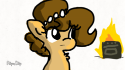 Size: 1280x720 | Tagged: safe, artist:tjpones, imported from derpibooru, oc, oc only, oc:brownie bun, earth pony, pony, animated, burning stove, chest fluff, confused, cute, female, fire, flipaclip, frown, gif, looking back, mare, ocbetes, on fire, oven, simple background, sitting, solo, this ended in fire, white background