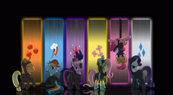 Size: 2898x1600 | Tagged: safe, artist:rockcandy01, edit, imported from derpibooru, applejack, fluttershy, pinkie pie, rainbow dash, rarity, twilight sparkle, earth pony, pegasus, pony, unicorn, abstract background, bunny ears, catsuit, clothes, costume, cutie mark, dangerous mission outfit, flutterspy, future twilight, goggles, hoodie, mane six