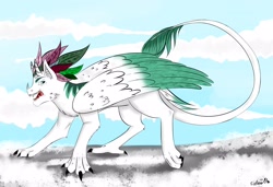 Size: 2560x1749 | Tagged: safe, artist:frolovilla, imported from derpibooru, oc, oc only, oc:arculascrain, dracony, dragon, feathered dragon, hybrid, cheek fluff, chest fluff, cloud, day, dragon oc, fangs, feather, fluffy, fluffy dragon, horns, leg fluff, leonine tail, looking at you, non-pony oc, open mouth, raised leg, sharp teeth, solo, teeth