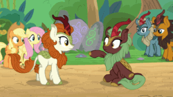 Size: 640x360 | Tagged: safe, derpibooru exclusive, edit, edited screencap, editor:tape quintus, imported from derpibooru, screencap, applejack, autumn blaze, cinder glow, fluttershy, pumpkin smoke, sparkling brook, summer flare, earth pony, kirin, pegasus, pony, sounds of silence, animated, background kirin, eye contact, female, flailing, flapping, flying, frown, gif, i can't believe it's not superedit, i must go, leg fluff, lidded eyes, looking at each other, looking down, looking up, mare, sad, seizure warning, wat, wide eyes