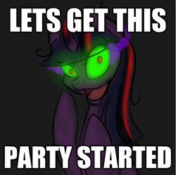 Size: 601x599 | Tagged: safe, artist:sinsays, imported from derpibooru, part of a set, twilight sparkle, pony, unicorn, ask corrupted twilight sparkle, caption, corrupted, corrupted twilight sparkle, curved horn, dark, female, horn, image macro, insanity, let's get this party started, meme, part of a series, possessed, psychotic, psychotic twilight sparkle, queen twilight, solo, sombra eyes, sombra horn, sombra's horn, text, tumblr, tyrant sparkle, unicorn twilight, world domination