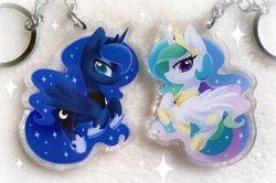 Size: 1280x852 | Tagged: safe, artist:dawnfire, imported from derpibooru, princess celestia, princess luna, alicorn, charm, chibi, duo, female, jewelry, looking at you, mare, photo, regalia, sisters