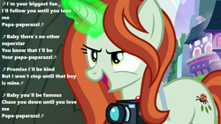 Size: 1280x720 | Tagged: safe, edit, edited screencap, imported from derpibooru, screencap, crackle cosette, queen chrysalis, season 8, the mean 6, spoiler:s08, camera, disguise, disguised changeling, lady gaga, lyrics, magic, magic aura, music notes, open mouth, paparazzi, paparazzi (song), photographer, ponyville, singing, song, stalker, text