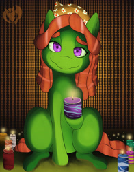 Size: 3300x4200 | Tagged: safe, artist:kenisu-of-dragons, imported from derpibooru, tree hugger, pony, candle, female, hippie, looking at you, sitting, smiling, solo, wavy mouth