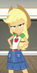 Size: 482x941 | Tagged: safe, imported from derpibooru, screencap, applejack, diy with applejack, equestria girls, equestria girls series, spoiler:eqg series (season 2), applejack's hat, belt, clothes, cowboy hat, cropped, denim skirt, freckles, geode of super strength, hand on hip, hat, lidded eyes, looking at you, magical geodes, raised eyebrows, skirt, smiling, smirk, smug, stetson