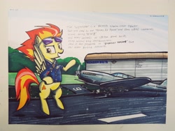 Size: 4032x3024 | Tagged: safe, artist:cosmotic1214, imported from derpibooru, spitfire, pegasus, pony, wonderbolts academy, aircraft, airforce, british, clothes, fighter, gpws, military, military uniform, namesake, plane, runway, sunglasses, supermarine spitfire, uniform, wonderbolts, wonderbolts dress uniform, wonderbolts uniform