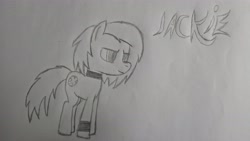 Size: 4096x2304 | Tagged: safe, artist:symphonydawn3, imported from derpibooru, oc, oc only, oc:jackie spectre, earth pony, pony, collar, female, mare, smiling, solo, text, traditional art, wristband